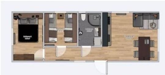 Plan de la maison 3,5m x 10m avec meubles - Salon avec cuisine, Salle de bains, 2 Chambres<br />
<br />
<br />
